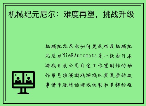 机械纪元尼尔：难度再塑，挑战升级